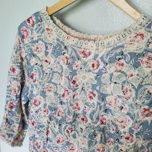 Solitare Floral Top L Pink Roses Blue Blouse Cottagecore Romantic Scallop Trim‎